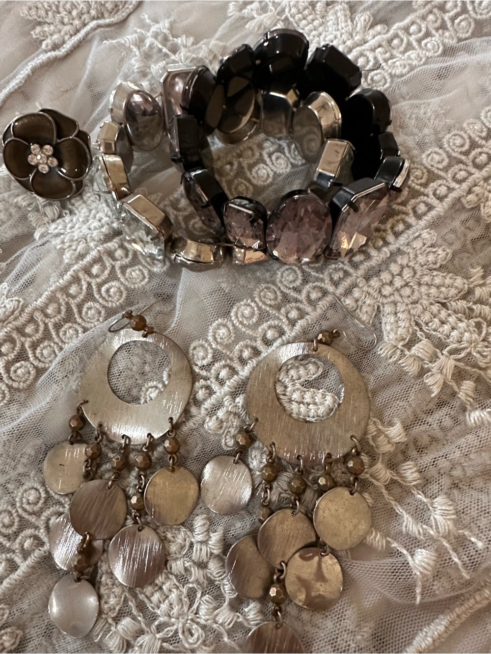 Silver-Tone Drop Chandelier Earrings, Ring, and Bracelet Set - Silver Gray